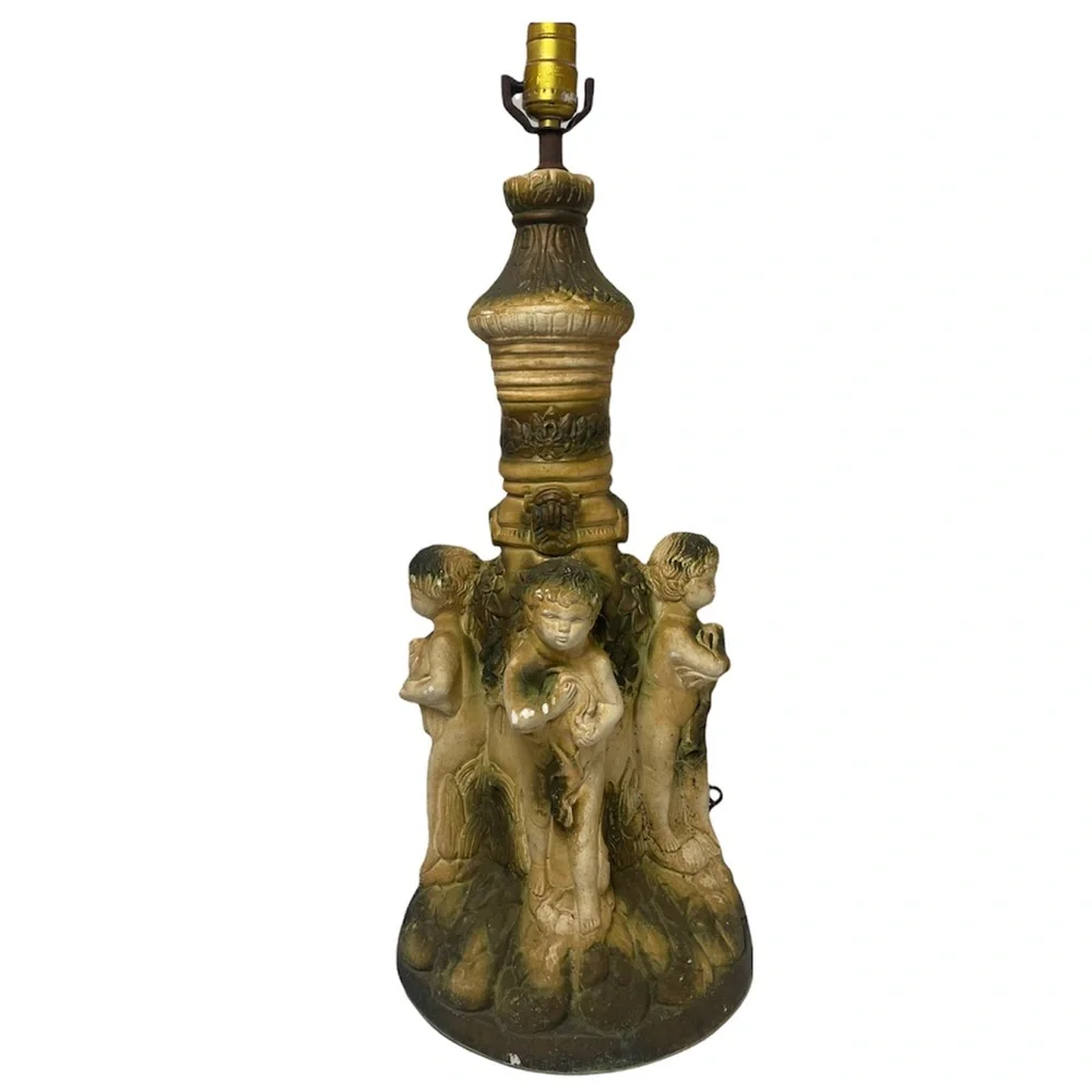 Antique Italian Sculpture Art Lamp Base Glorious Angel Cherubs Made in Italy - Picture 15 of 16